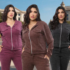 Conjunto Feminino 2 Peças Lanzinha Ribi Canelado Casaco Zíper Calça Pantalona com Bolsos Dia a Dia