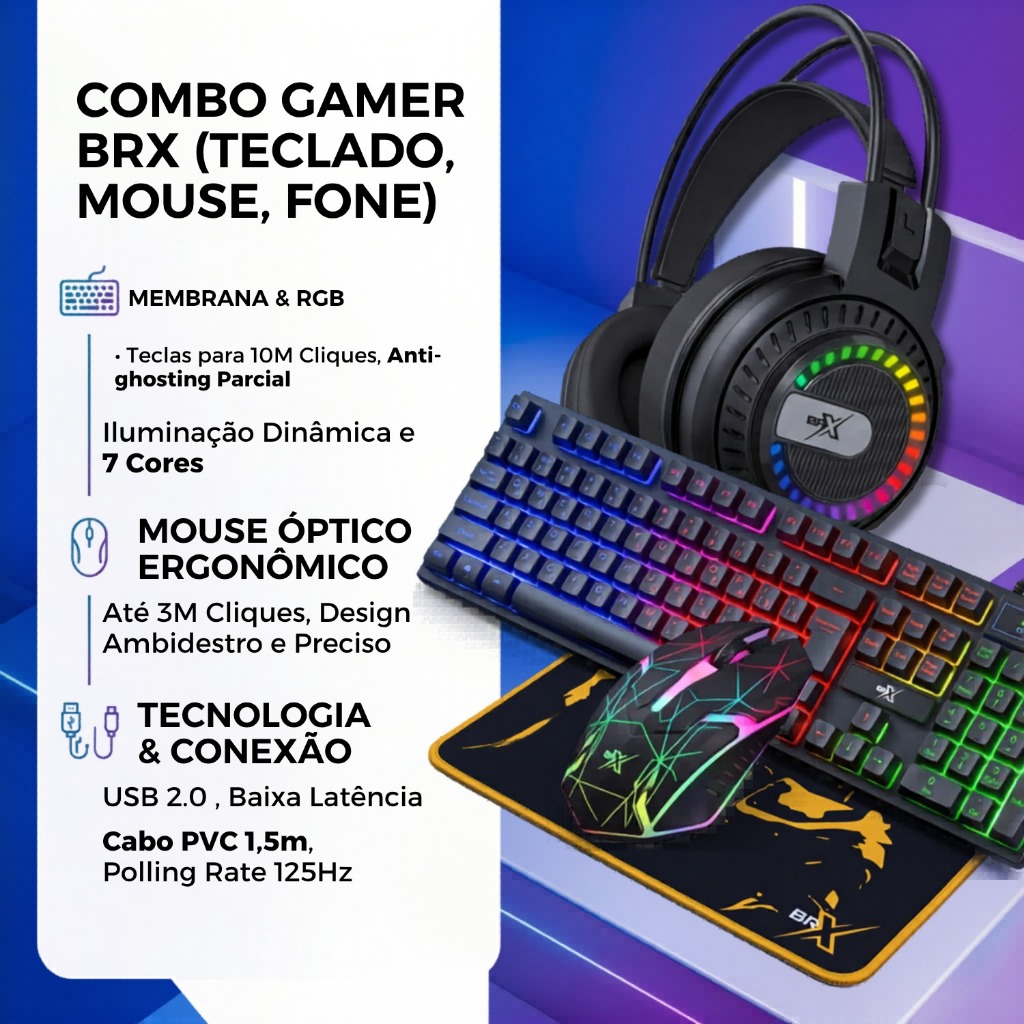 Combo Gamer Brx Com Mouse Teclado E Fone Gamer Mouse Preto Teclado Preto