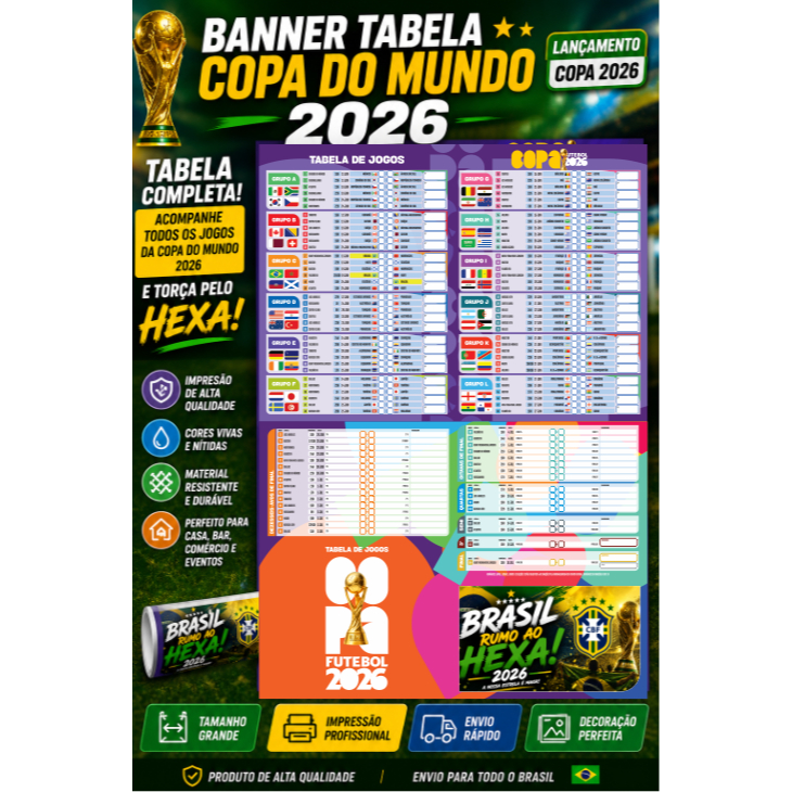 Banner Tabela Copa do Mundo 2026 | Tabela de Jogos Completa + Fases | Futebol 2026 Brasil Hexa Decorativo
