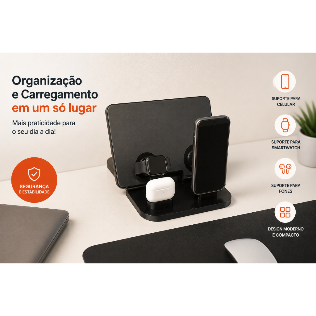 Suporte Dock 4 em 1 Apple iPhone Apple Watch AirPods iPad Organizador Carregamento MagSafe
