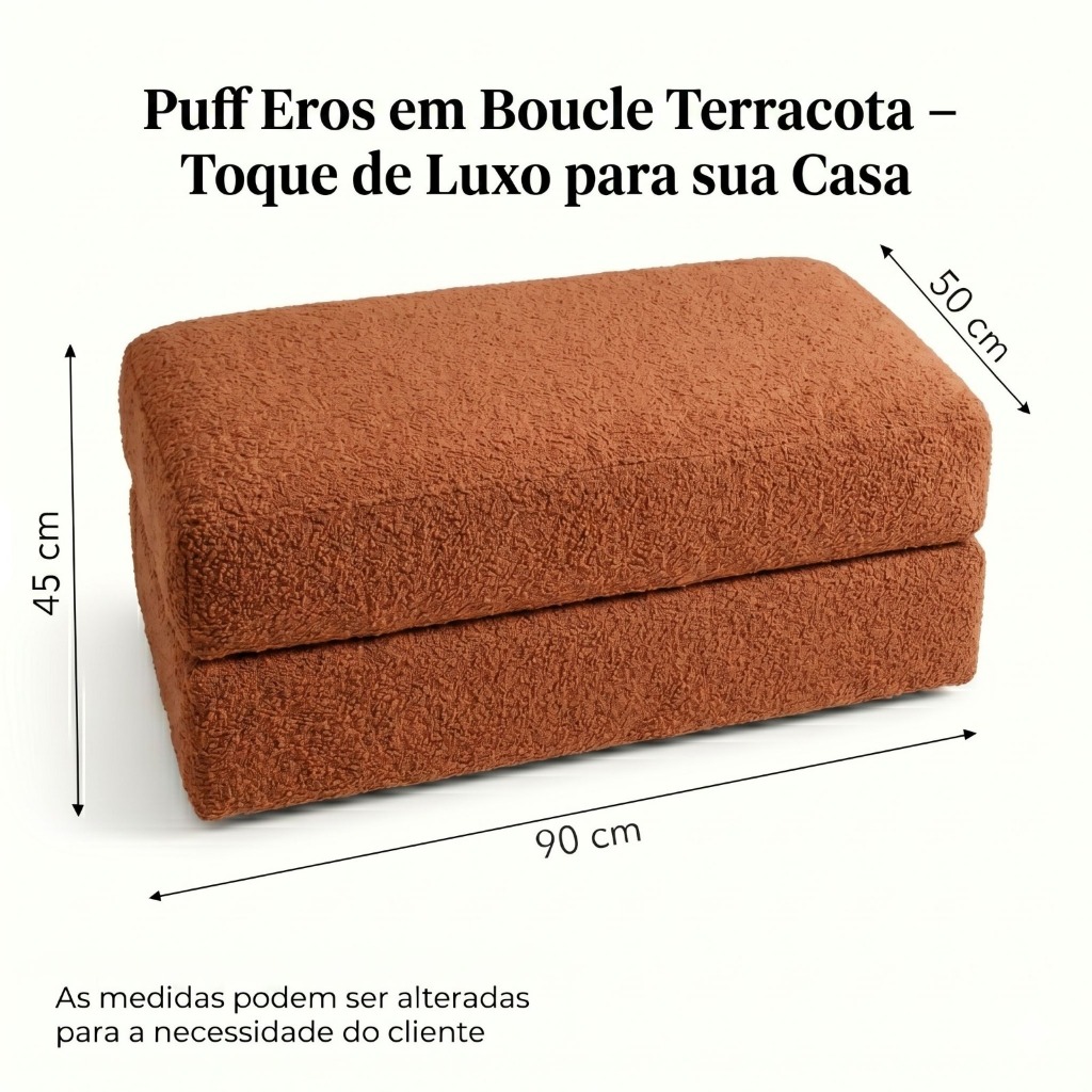 Puff Retangular Bouclé Terracota 90cm | Banco Estofado Elegante Sala Quarto