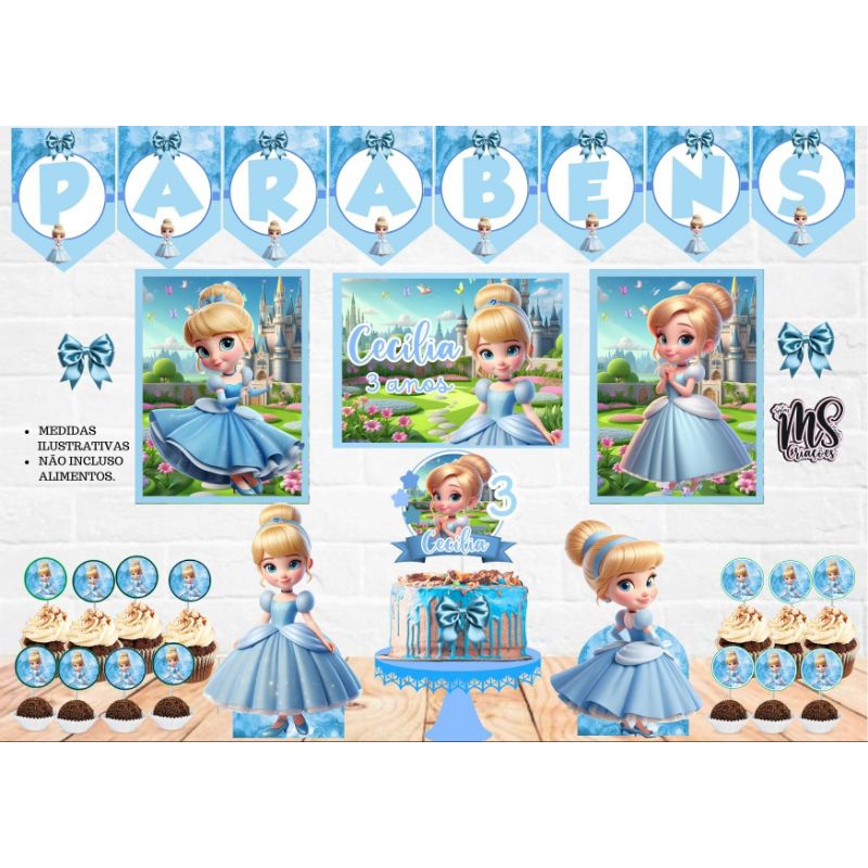 Kit Festa Princesa Cinderela Baby| Personalizado Só um Bolinho | Mesversário Aniversário | 40 itens | Decoração
