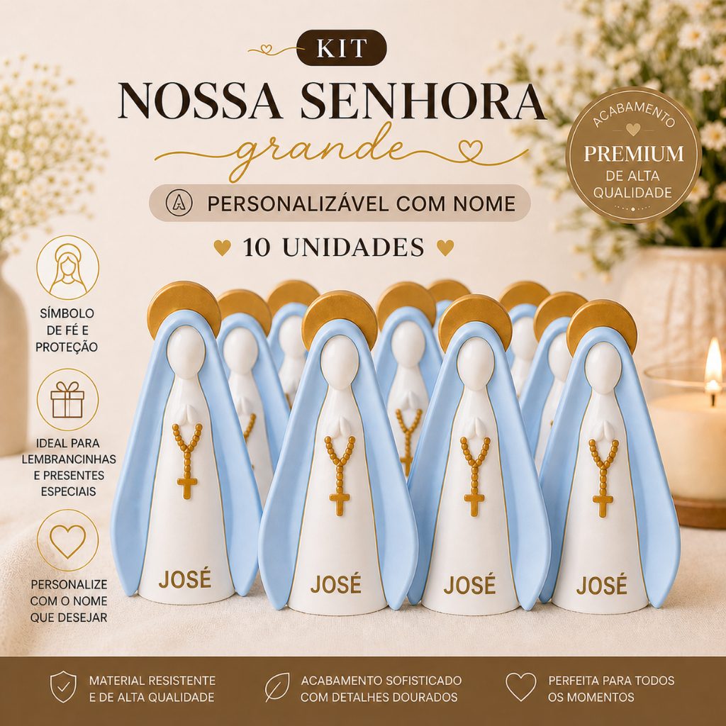 Kit 10 lembrancinhas imagem de Nossa Senhora Aparecida grande, com nome personalizado | batizado, maternidade, casamento