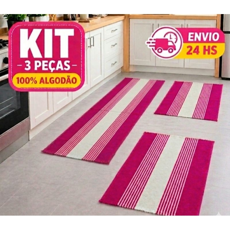 Jogo De Tapete  Cozinha Sala  Kit Passadeira 3 Peças 100% Algodão Decorativo Tear Artesanal Várias cores