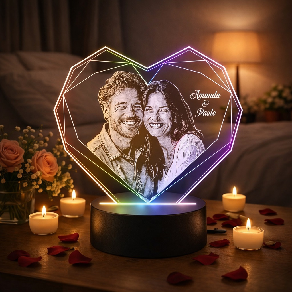 Luminária Coração Geométrico Personalizado – Presente, Decoração, Namorados, Iluminação, Natal, Dia dos namorados