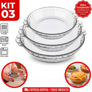 Kit Jogo 3 Formas Assadeiras Filetada Marinex Vidro Temperado PMG Redondas Com Alça