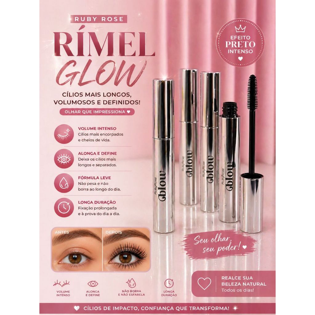 Rímel Ruby Rose Glow Dramatic Volume Extremo/Alonga Define/ Não Borra/ Longa Duração -  Máscara de Cílios Maquiagem