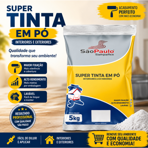 Tinta Em Pó Super Para Parede Cor Branca Lavável 5kg Kits Sampaflex
