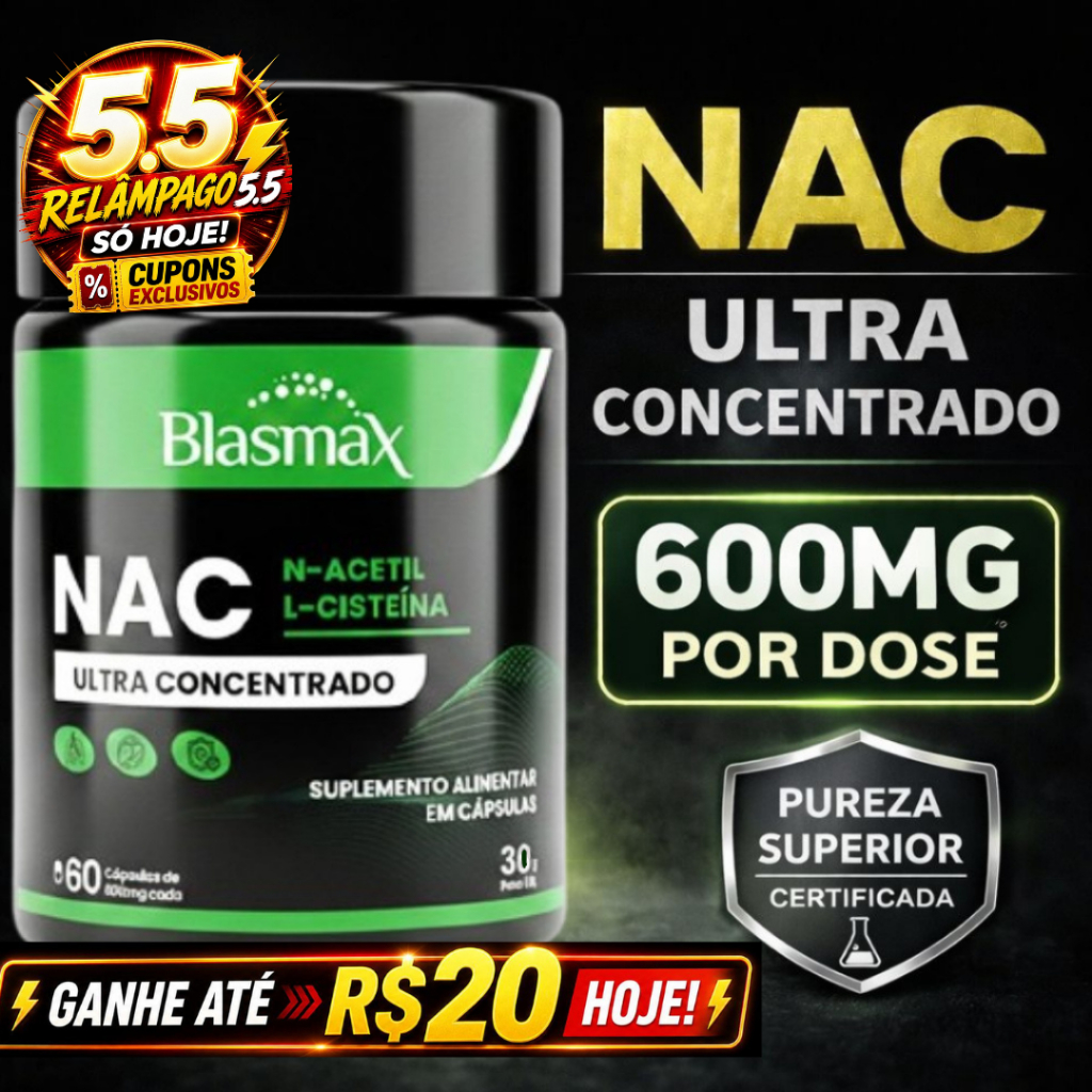 NAC 600mg N-Acetil L-Cisteína | Antioxidante, Saúde do Fígado e Imunidade - 60 Cápsulas - Blasmax