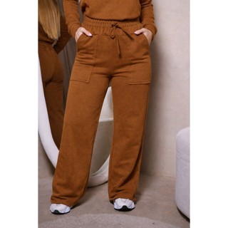 Calça Moletinho Feminina Pantalona Bolso Moletom Algodão Elegante Flanelado Peluciado Inverno
