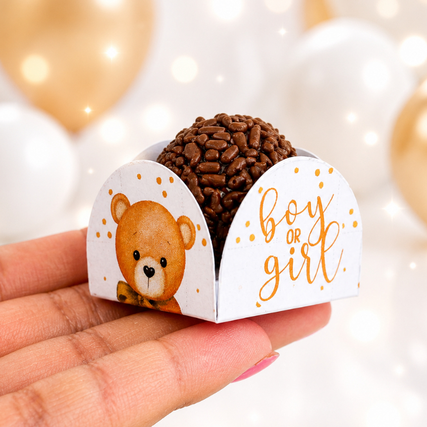 Kit 50~200 Forminhas Ursinho Chá Revelação ou Baby Neutro Doce Brigadeiro Personalizada 4 Pétalas Festa Infantil