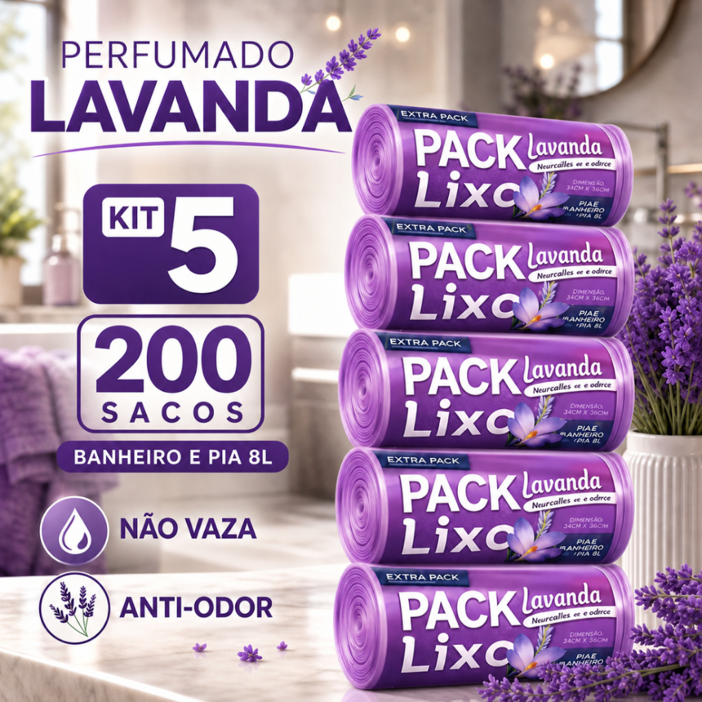 200 Sacos de Lixo Lavanda Kit 5 Rolos – Elimina Odores, Evita Insetos, Forte e Econômico