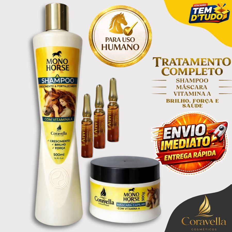 Kit Shampoo de Cavalo Mono Horse A + Máscara Mono Horse A + 3 Vitamina A Arovitel