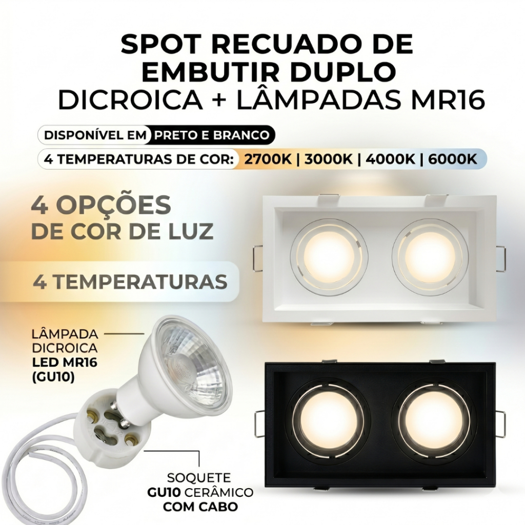 Spot Duplo Embutido Luminária De Embutir MR16 GU10 Dicroica Dupla + Led Quente Neutro Frio