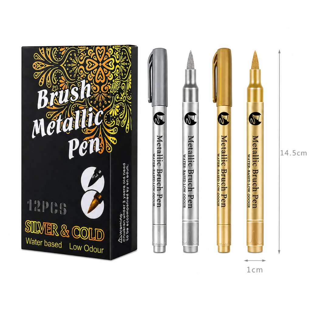 Kit 2 Peças Caneta Brush Metálica Prateada/Dourada Design Premium