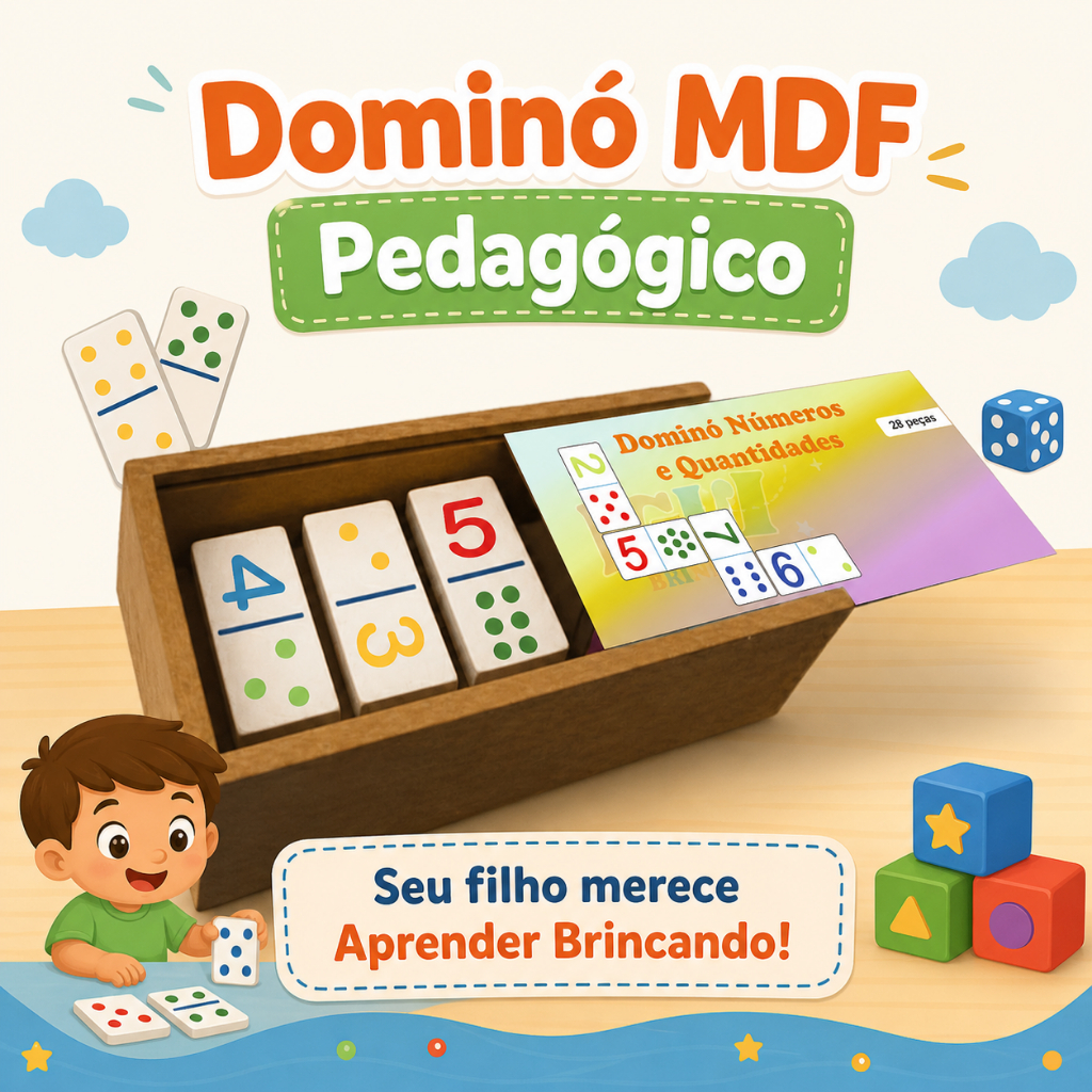 Dominó Educativo Infantil MDF 28 Peças Brinquedo Pedagógico Montessori para Desenvolvimento