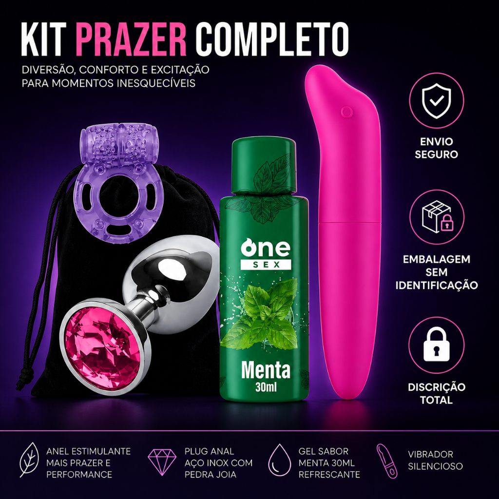 Kit Plug Anal Tamanho P + Gel Lubrificante One Sex Menta + Anel Peniano + Vibrador Ponto G