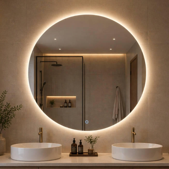 Espelho Redondo 40x40cm com Botão Touch e LED 3 Cores Lapidado Banheiro Lavabo Quarto Maquiagem Luxo