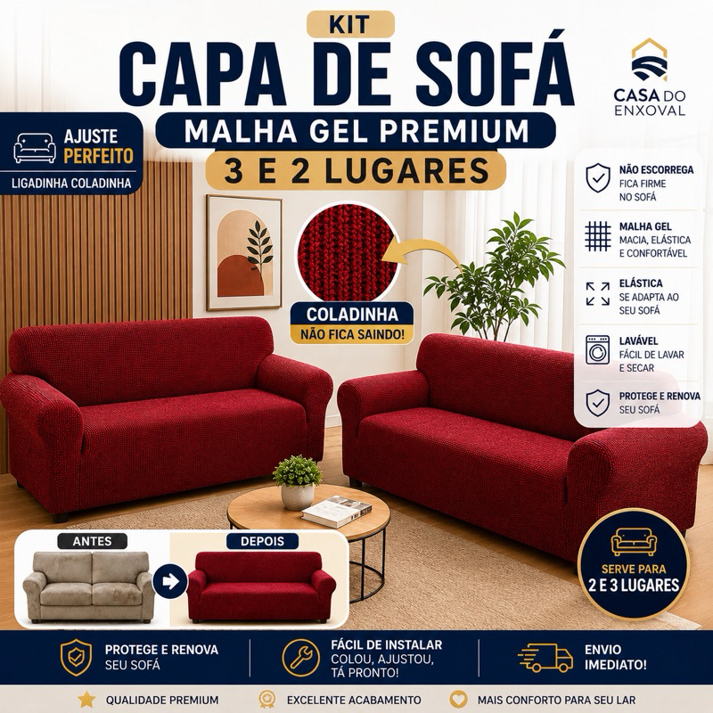 Kit Capa Forro de Sofá Elástica Malha Gel 3 e 2 Lugares Coladinha Ligadinha ajustável *Oferta