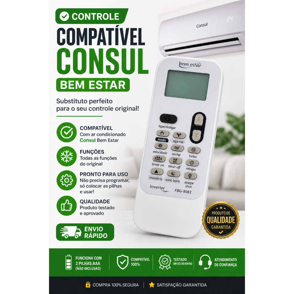 Controle Remoto Ar Condicionado Consul Bem Estar Compatível | Controle Split Inverter Pronto Uso