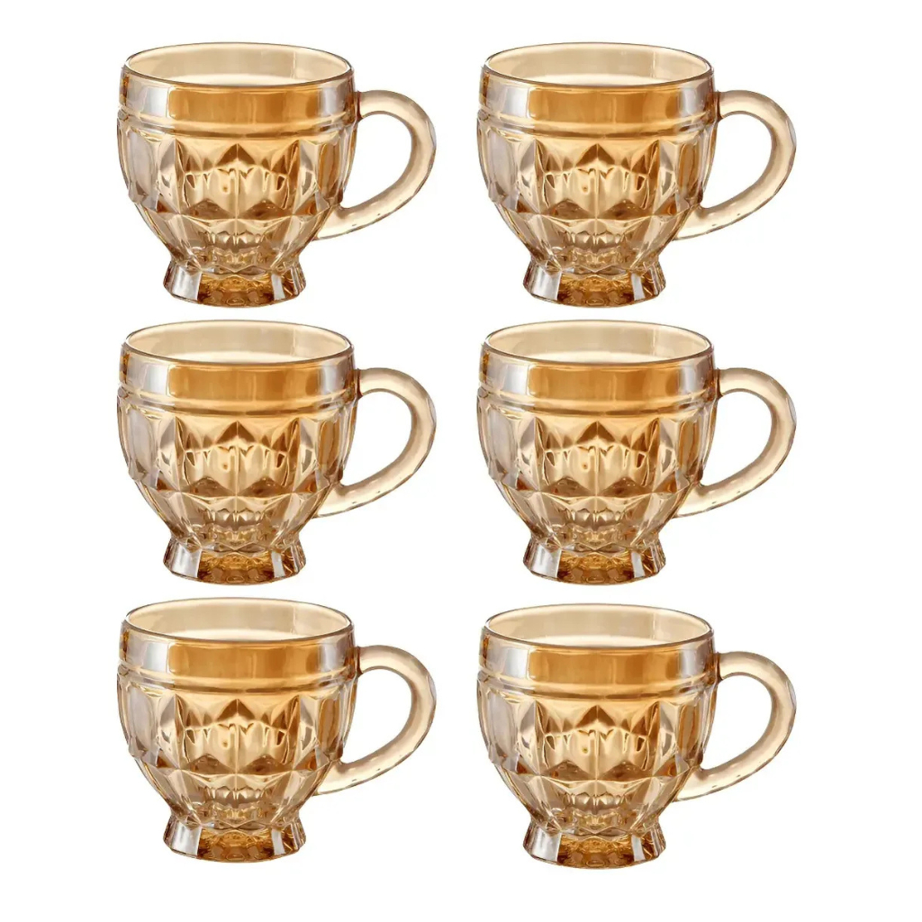 Jogo De 6 Xícaras de Vidro de Chá e Café Cappuccino 220ml Riviera Âmbar Lanty Kehome Conjunto com 6 Peças Resistente