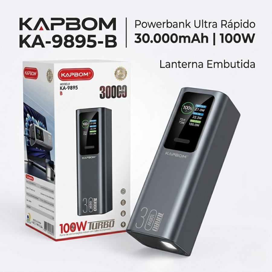 Power Bank 30000 mAh 100W Turbo Portatil Carregamento Rápido com Lanterna Embutido Cabo Tipo C Powerbank KAPBOM KA9895B