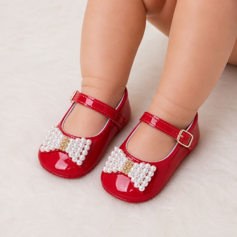 🏆 Sapatinho Bebê Menina Verniz com Pérolas e Strass – Vermelho, Branco, Rosa e Azul Bebê | Fivela | Tamanho 13 a 18