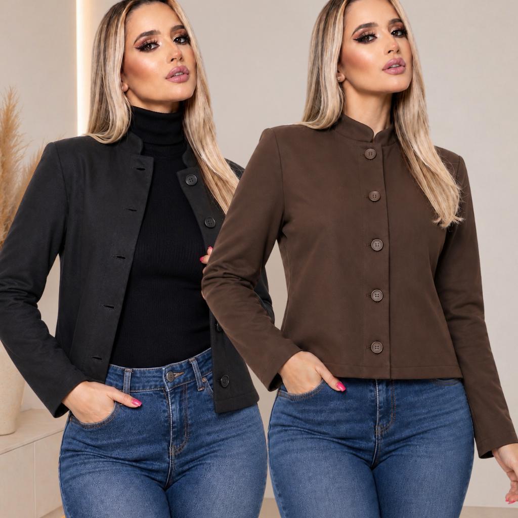 Jaqueta Casaco Feminino Curto de Inverno em Alfaiataria Com Botões Blazer Premium Tweed Para Frio