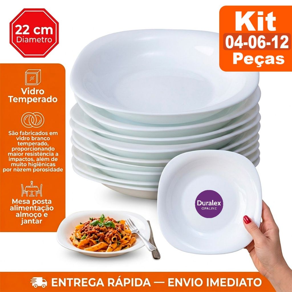 Kit Jogo Pratos Quadrados Fundo Opaline Duralex de 04,06 ou 12 peças de Vidro Liso Almoço Jantar