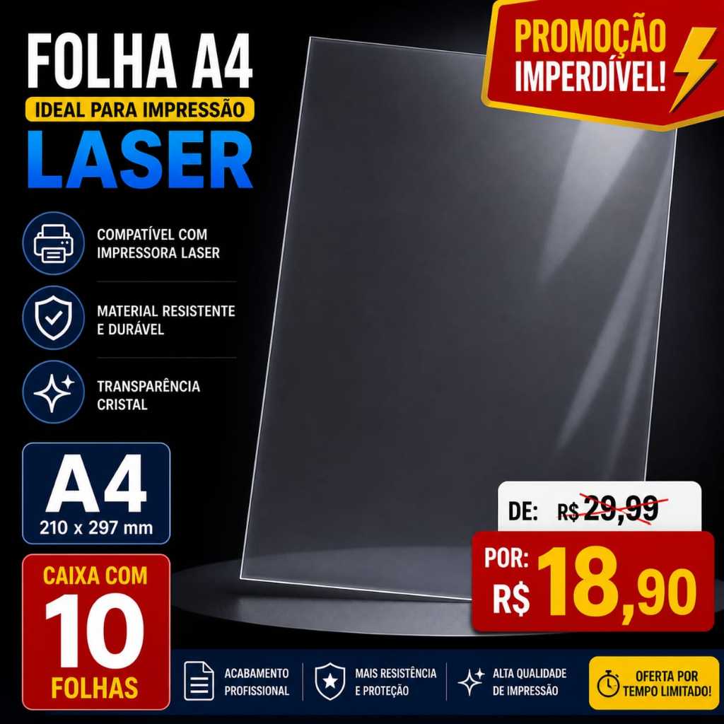 Folha transparência para impressora laser com 10 folhas sem tarja  - promoção