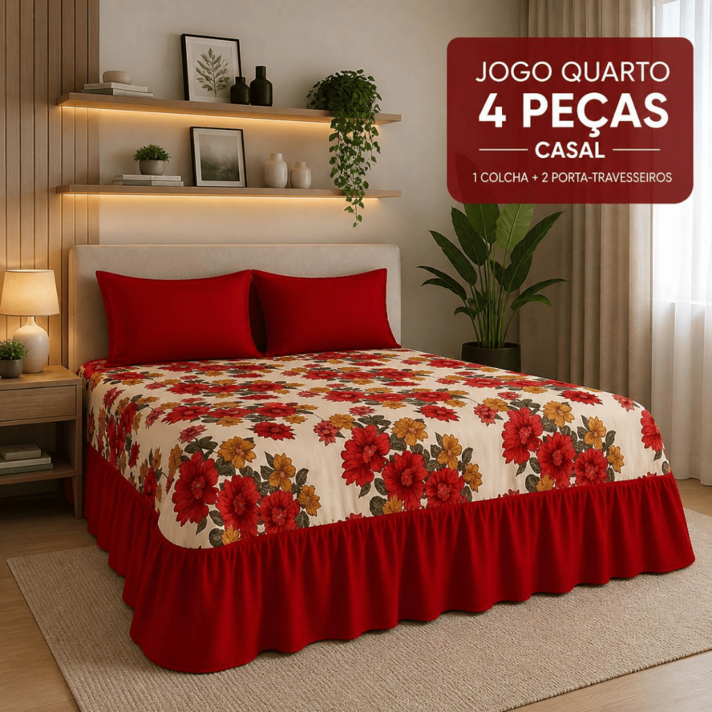 Jogo Quarto 4 Peças Casal – Colcha + 2 Porta-Travesseiros + Lençol Avulso - Confortável e Completo