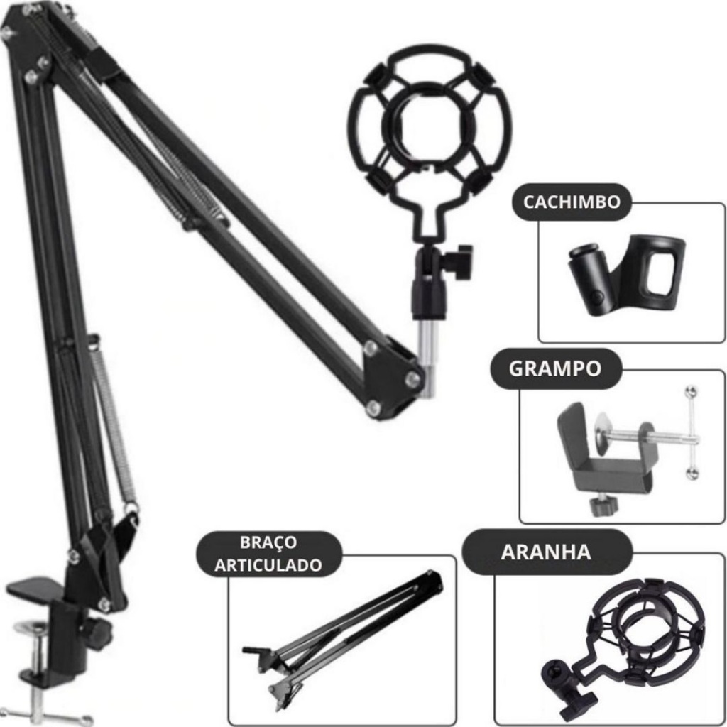 Kit Braço Articulado + Suporte Shock Mount Aranha Para Microfone Condensador