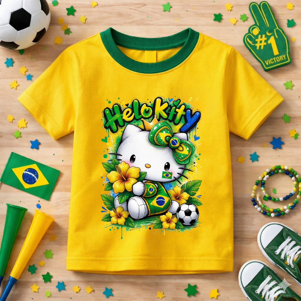 Camiseta Infantil Hello Kity Brasil Estampada Copa Do Mundo Algodão Macio Lançamento Crianças