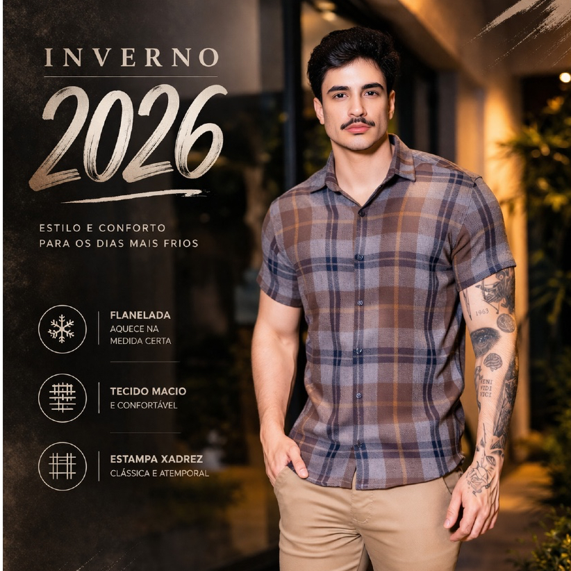 Camisa Masculina Social Manga Curta Xadrez Flanela Slim Fit