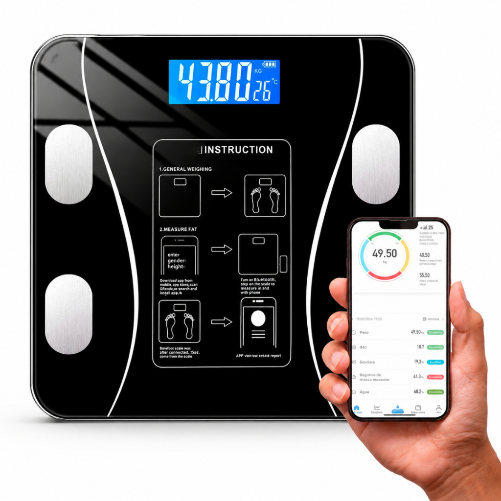 Balança Digital Bioimpedância Profissional Bluetooth Mede Gordura IMC Massa Muscular 180kg
