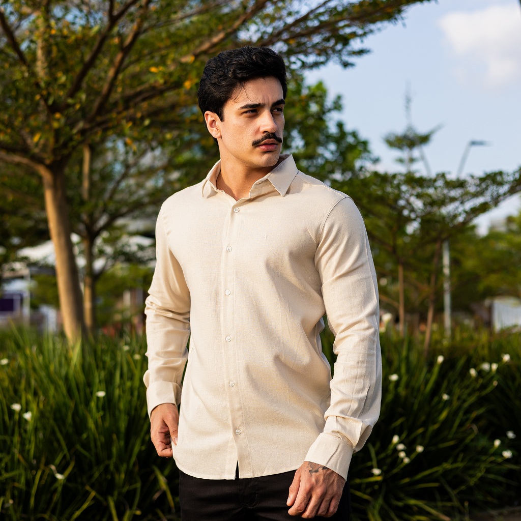 Camisa Masculina Social Manga Longa Linho Elegância Casual