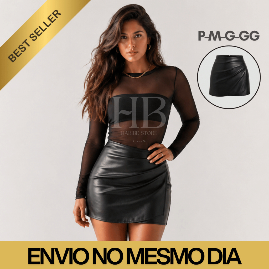 Saia de Couro Courino Premium Feminina  Modeladora Cintura Alta drapeado Frontal Moda Gringa Inverno