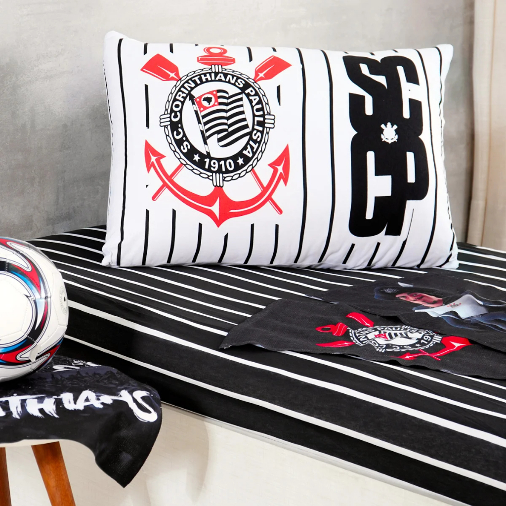 Jogo De Cama 2 Peças Time De Futebol Corinthians Solteiro Malha Algodão Pronta Entrega Lençol Fronha