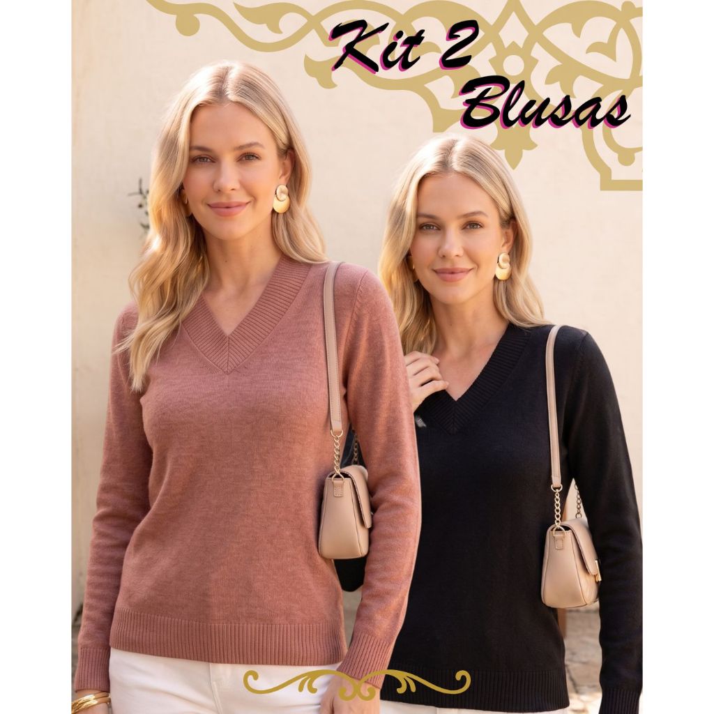 Kit 2 Blusas Femininas Suéter Tricot Canelado Decote V Manga Comprida Básicas Tricô Elastano Inverno