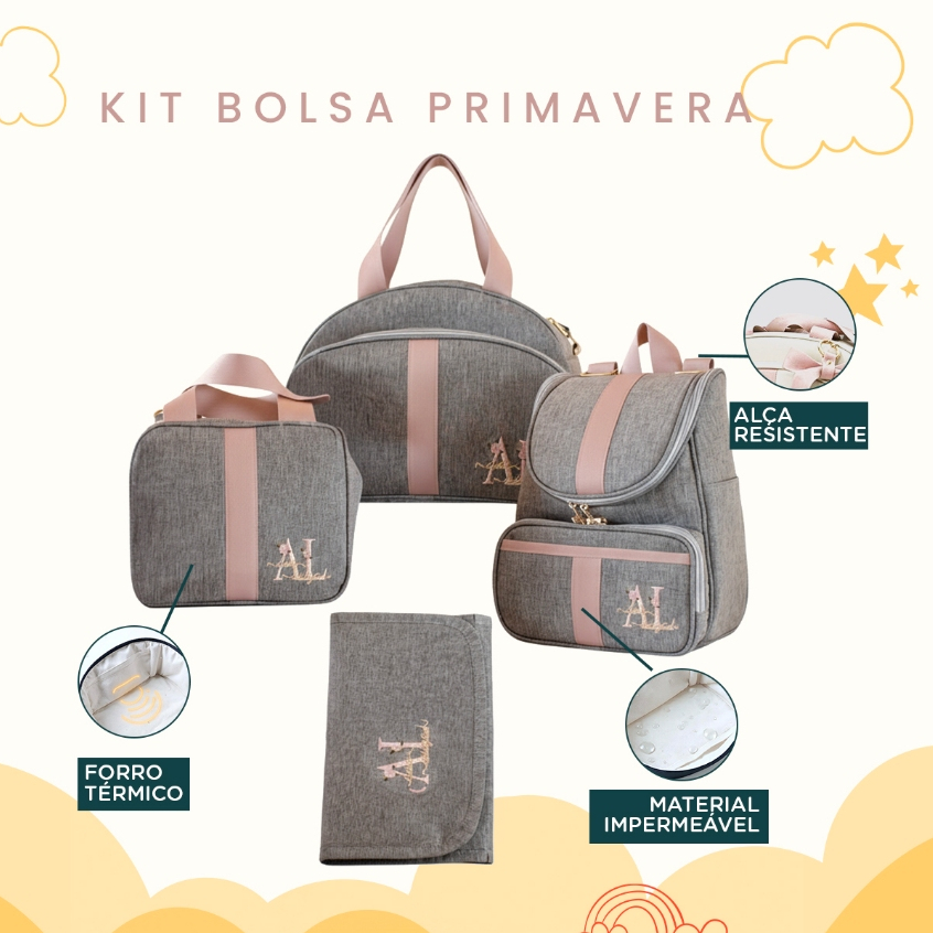 Kit Maternidade 3 Peças Bolsa, Mochila e Bolsa Personalizado Térmica Impermeável, Coleção Primavera