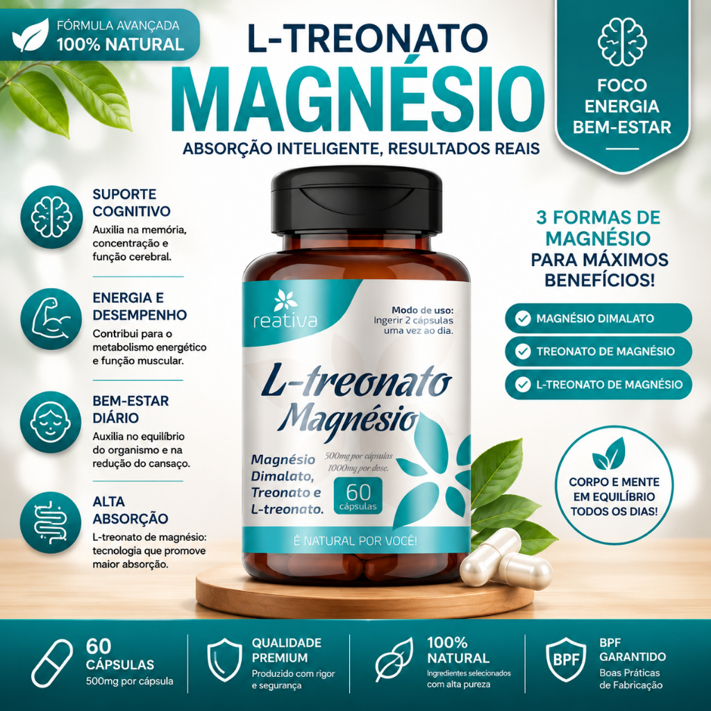 L-Treonato de Magnésio 60 Cápsulas | Magnésio Dimálato + Treonato | Foco, Memória e Bem-Estar