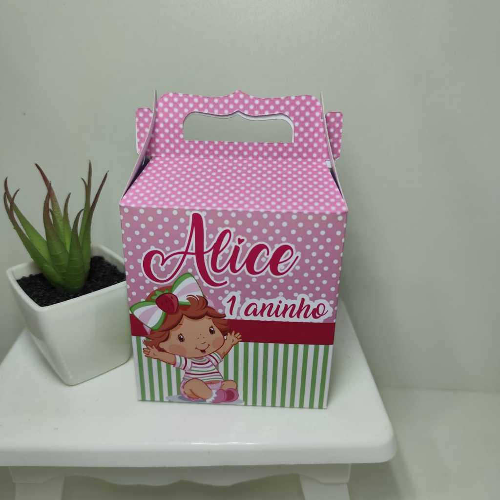 Maletinha personalizada no tema Moranguinho Baby para lembrancinha festa de aniversário, caixinha pequena moranguinho.