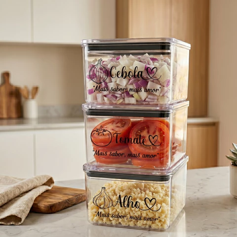 kIT 3 Potes 480ml Porta Tempero Com Adesivo Alho Cebola Tomate Organizadores Herméticos Acrilico Geladeira Cozinha