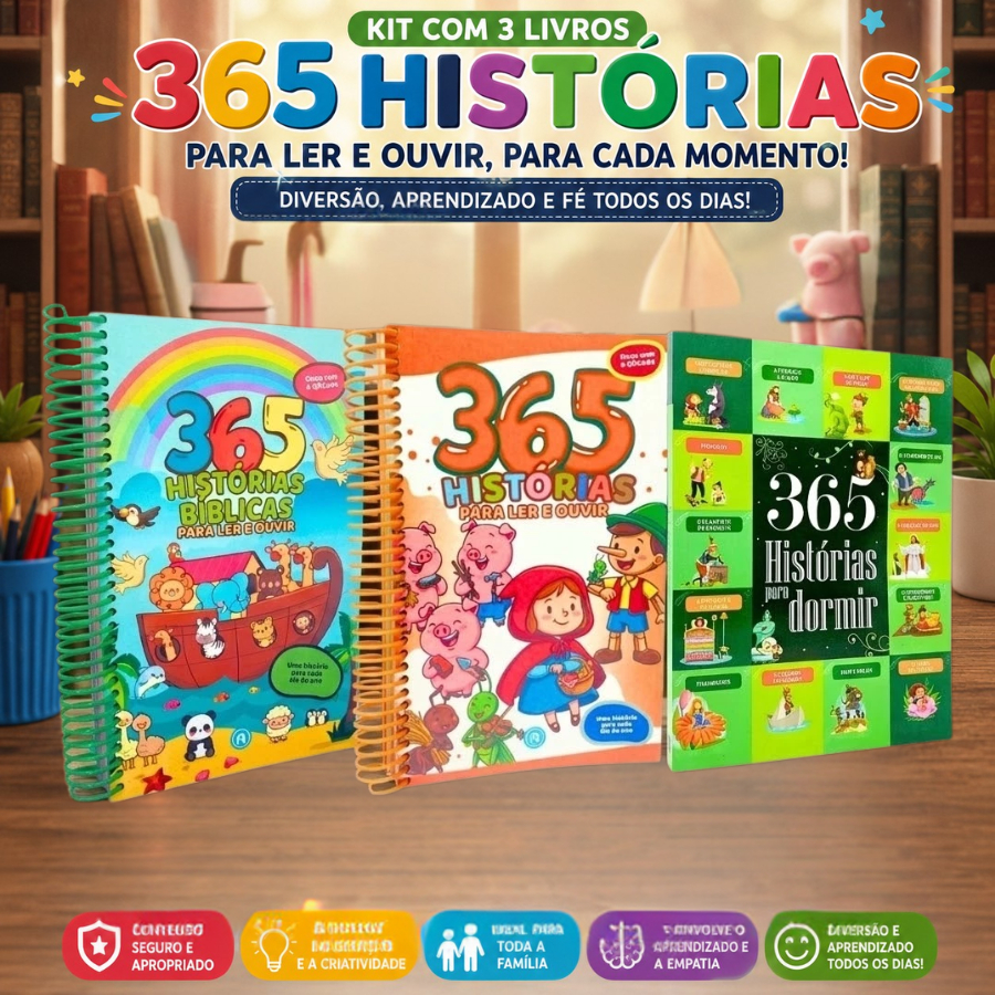 Kit 3 Livros 365 Histórias Contos + Bíblicas + Dormir Infantil Histórias para Ler e Aprender