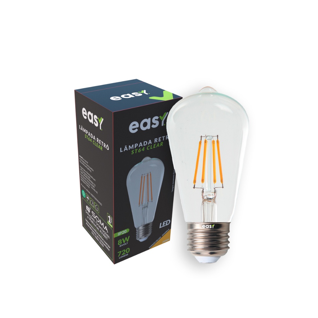Kit 10 ou 20 Lâmpadas Led ST64 Vintage Clear 8w 2400k Branco Quente E27 Bivolt Easy