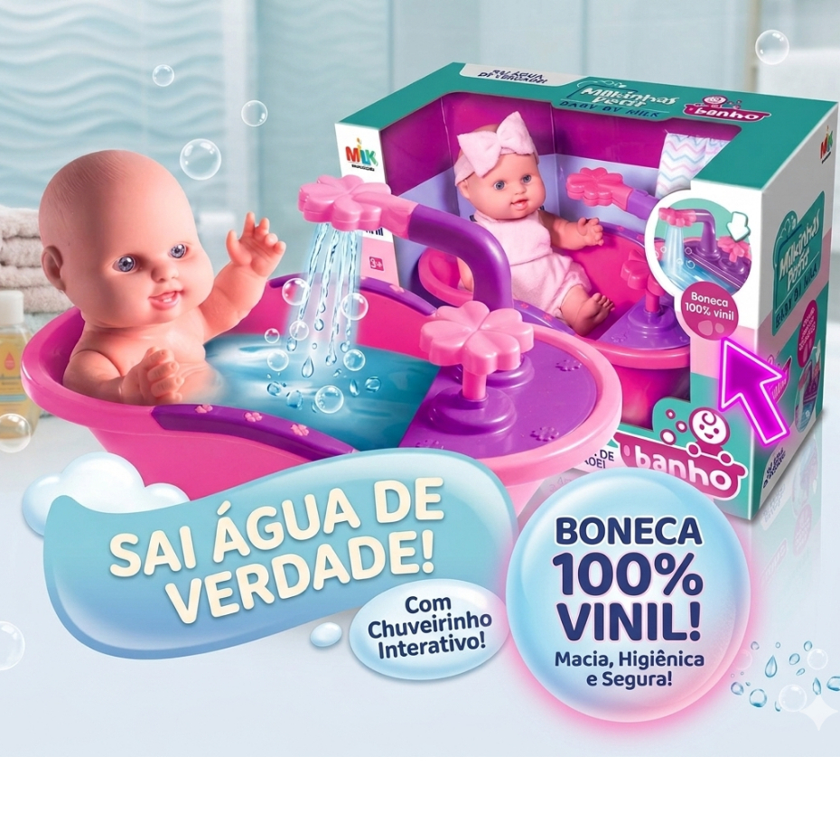 Boneca Milkinhas Banho petit bebe Com Banheira Que Sai Água de Verdade