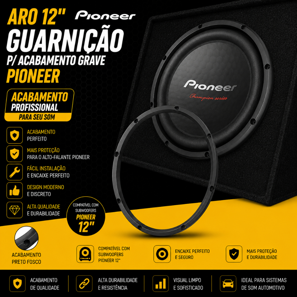 Aro 12" pol. Auto falante Pioneer Plástico Guarnição p/ acabamento Grave Cara Preta W309 W310 W311 W312