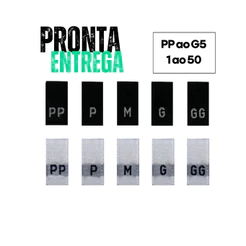 KIT Etiquetas de tamanho cortadas bordadas para roupas e acessórios 200 und por tamanho PP ao EXG G1 ao G5 1 ao 58