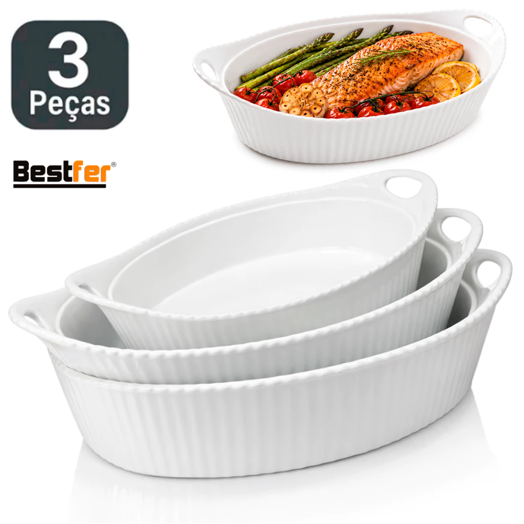 Conjunto Jogo de Assadeiras 3 peças Travessas Oval em Melanina Bestfer PMG Branca opaline Saladeira — imagem 1