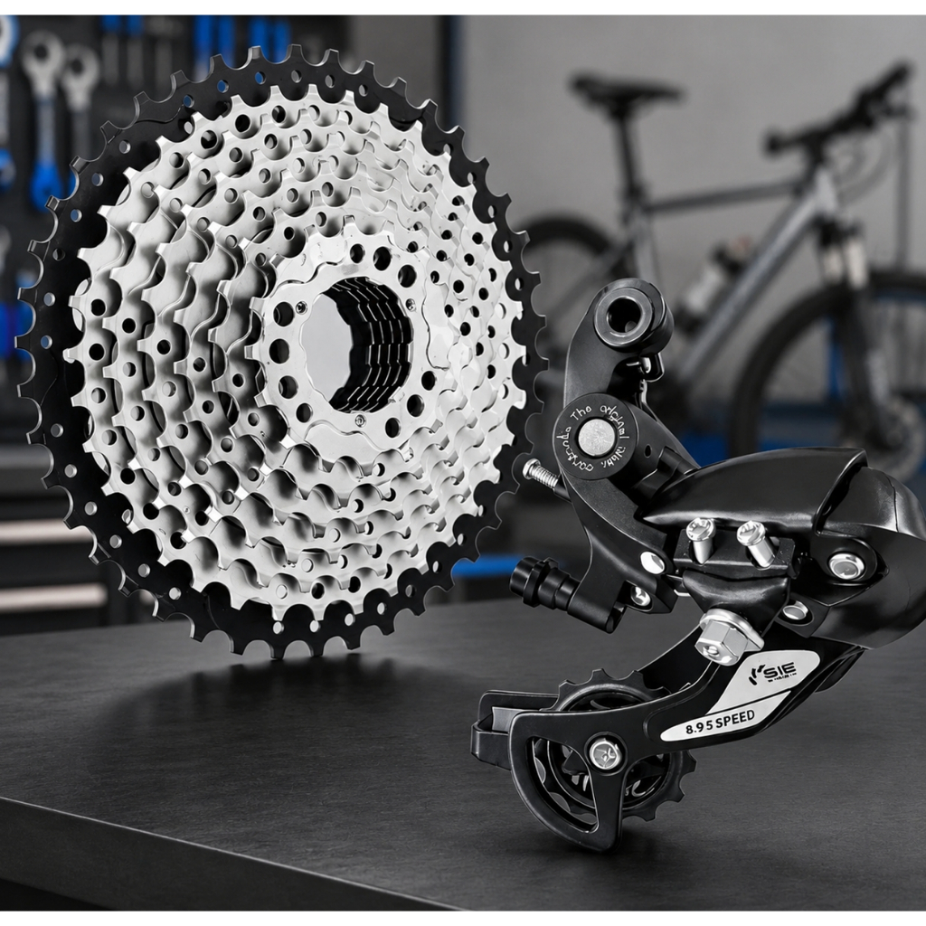 Cassete 9v Para Bike K7 Cubo Roda Livre Free Hub + Cambio Traseiro Passador Index 8/9v Preto
